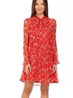 ❤️ The Kooples Red Floral Long-Sleeve Tie-Neck Dress